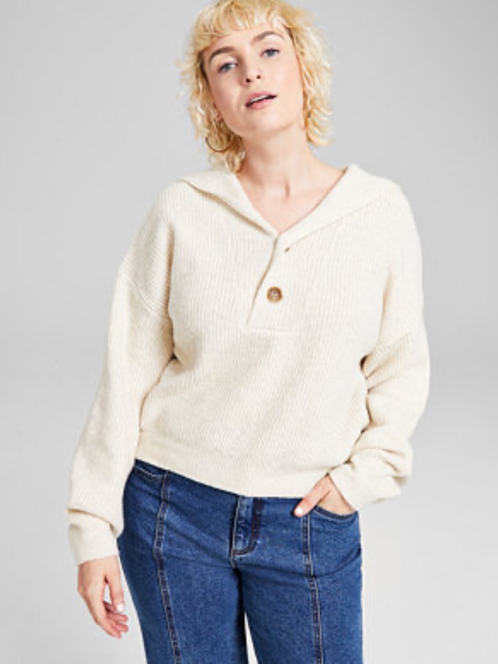 And Now This Cozy Cream Button-Front V-Neck Hooded Sweater